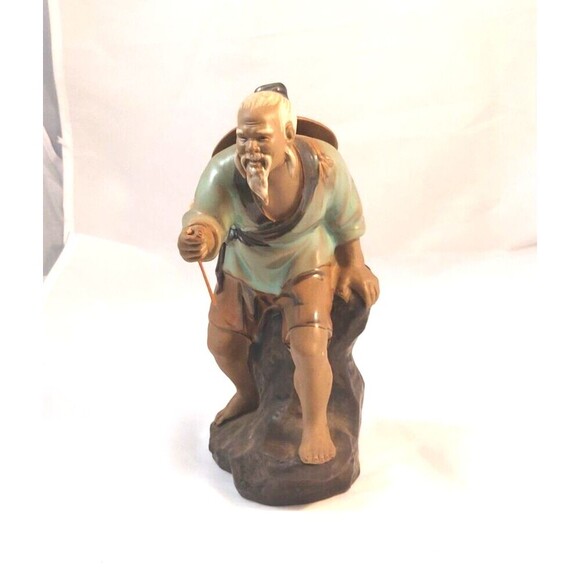 Vintage Chinese Shiwan Artistic Ceramic Mudman Fisherman Glazed Figurine 8" tall - Picture 2 of 10